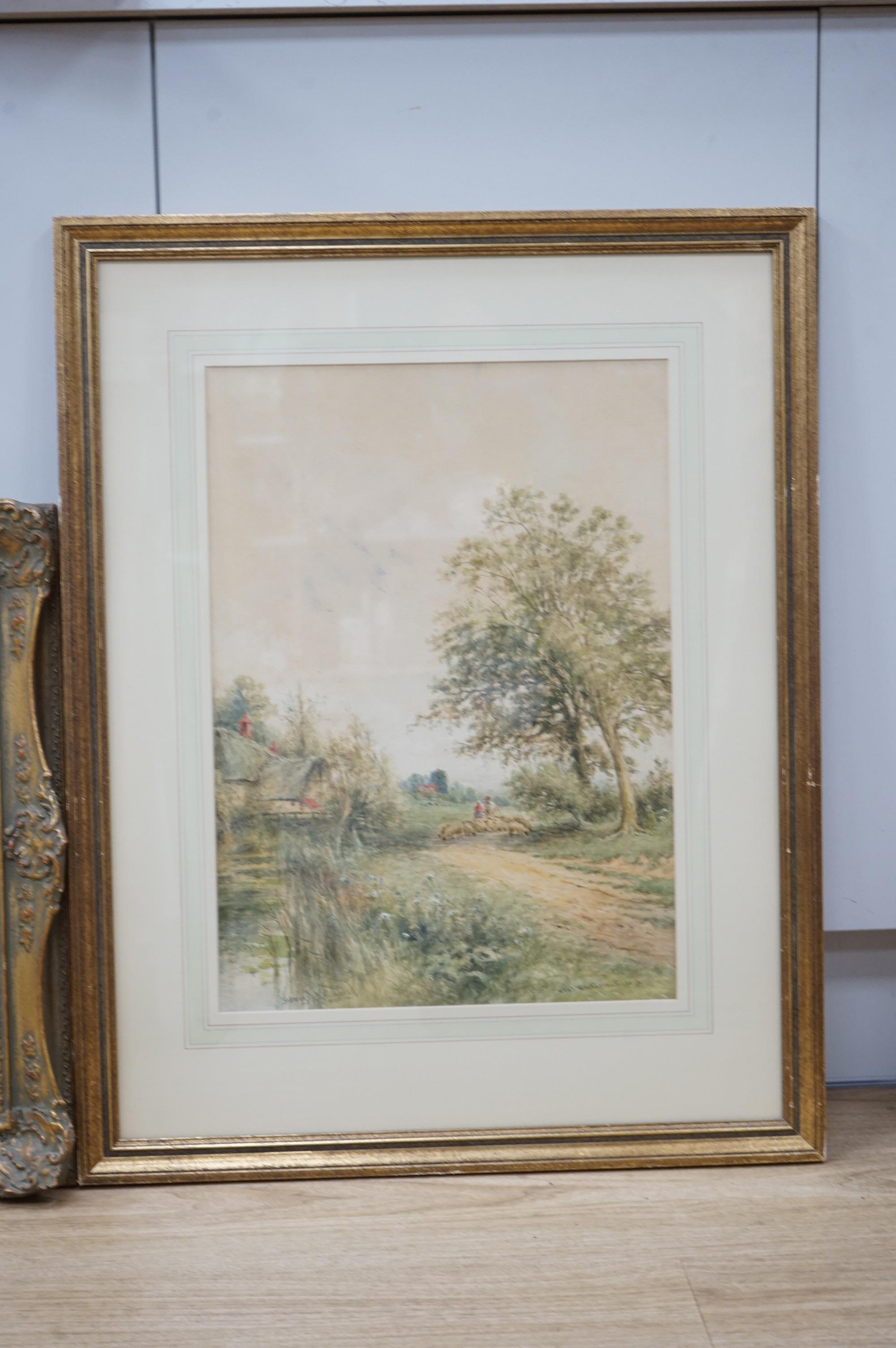 Henry John Kinnaird (1861-1929), watercolour, Sussex view together with two other watercolours, comprising two Continental riverscapes, one signed W R Collett and dated '53, largest 47 x 35cm. Condition - fair